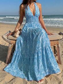 Sunnyshic Women's Pink Paisley Retro Pattern Deep V-Neck Hollow Out Ruched Design Sexy Backless Spring/Summer European & American Fashion Romantic Beach Vacation Long Dress - Sky Blue - View 1