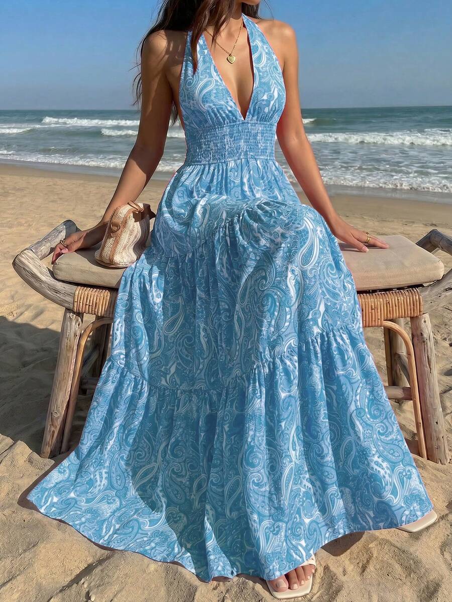 Sunnyshic Women's Pink Paisley Retro Pattern Deep V-Neck Hollow Out Ruched Design Sexy Backless Spring/Summer European & American Fashion Romantic Beach Vacation Long Dress - Sky Blue - View 1