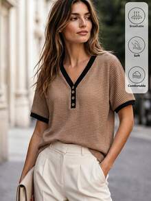 Isle Nomé Women's Spring/Summer Casual V-Neck Textured Fabric Loose Fit Short Sleeve T-Shirt, Suitable For Commute Brunch Office Everyday, Home, Outing, Black - Khaki - View 1