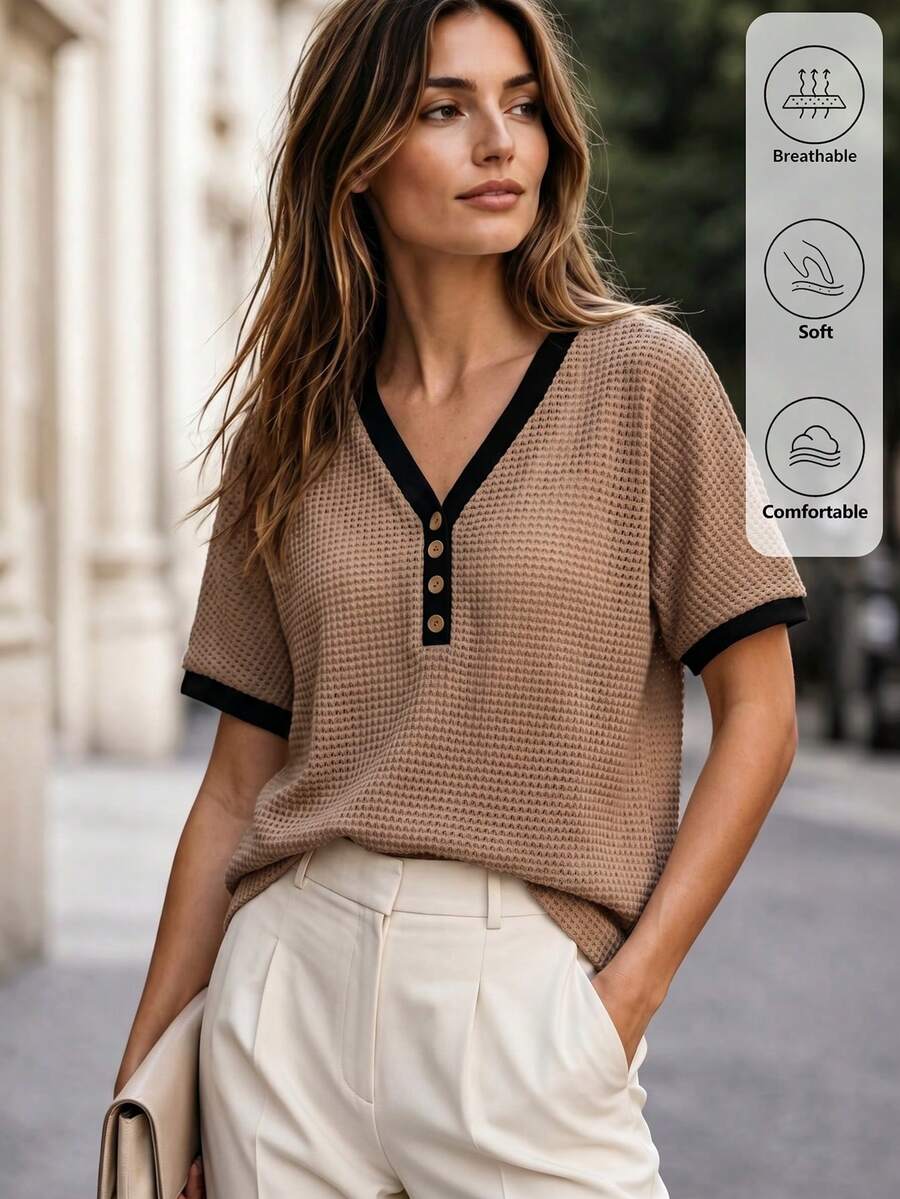 Isle Nomé Women's Spring/Summer Casual V-Neck Textured Fabric Loose Fit Short Sleeve T-Shirt, Suitable For Commute Brunch Office Everyday, Home, Outing, Black - Khaki - View 1