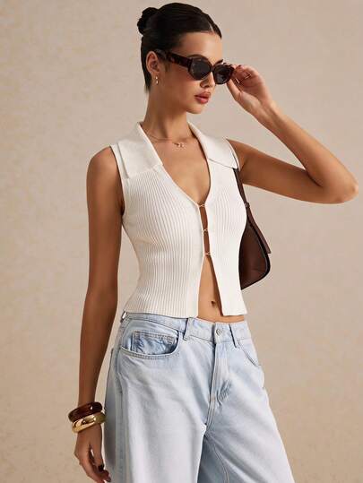 Poéselle Women's Solid Color Lapel Front Button Knit Vest,White Ribbed Knit Button Up Collared Sleeveless Top, Elegant Summer Minimalist Blouse For Women