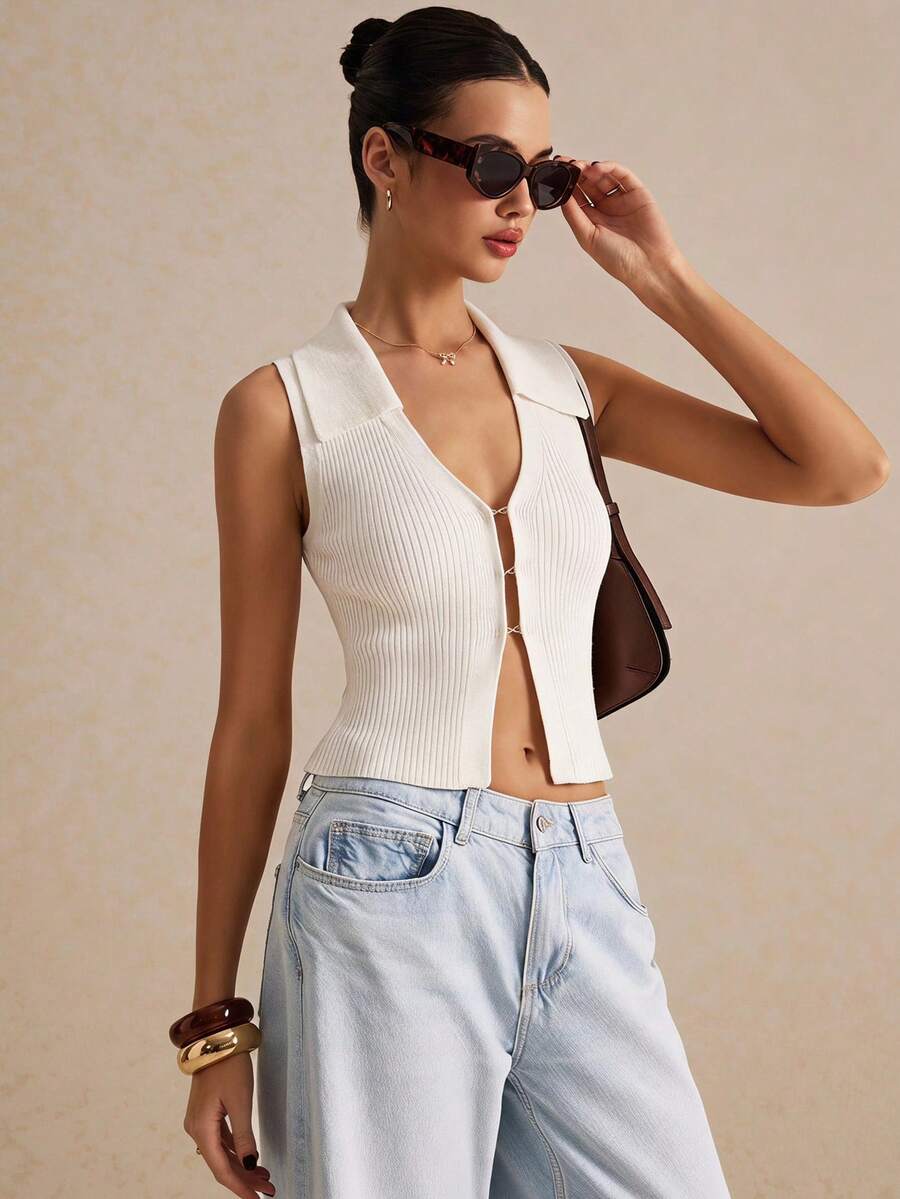 Poéselle Women's Solid Color Lapel Front Button Knit Vest,White Ribbed Knit Button Up Collared Sleeveless Top, Elegant Summer Minimalist Blouse For Women - Apricot - View 1