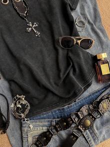 Attitoon Women's Summer Casual Washed Metal Decor T-Shirt - Black - View 7