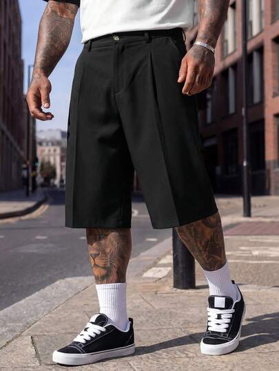 EASEVO Men's Plus Size Solid Color Pleated Loose Casual Bermuda Shorts