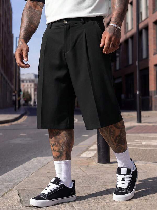 Athstrex Men's Plus Size Solid Color Pleated Loose Casual Bermuda Shorts