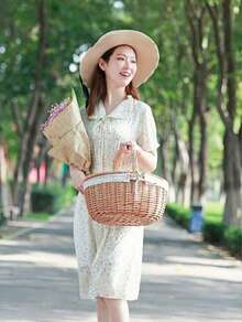 1pc Handwoven Wicker Picnic Basket – Double Lid Storage Hamper With Handle, Natural Willow Fruit Basket For Camping, Shopping, Wedding Decor, Farmhouse Storage - multicolor - View 7