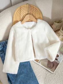 SHEIN Elladie kids 女童極簡風人造毛皮夾克，派對與戶外外套，秋冬款 - 白色 - 查看 1