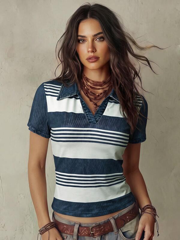 SHEIN Franclia Women's T-Shirt, Faux Denim Striped T-Shirt, Knitted Striped Top, Polo Collar T-Shirt, V-Neck T-Shirt, Suitable For Daily Commute, Dating, Party, Holiday, Vacation Scenes