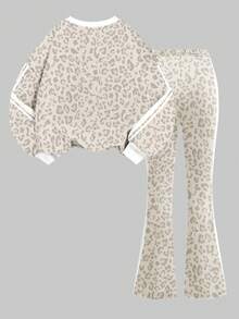 Fleece Lined! Vintage Sweet Light Color Leopard Print, White Knight Horse Sports Style Striped Print, Young Girl Casual Minimalist Loose Crew Neck Long Sleeve Sweatshirt And Flare Pants 2 Pieces Set Suitable For Autumn/Winter, Street Vintage Style, Easy And Comfortable, Children's Autumn Layering, Y2K, Sports Set - White - View 3