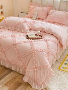3pcs Korean Style Ruffled Bedding Set, White & Pink Duvet Cover Queen Size - Super Soft Duvet Cover Series - Lightweight, Breathable Bedding (Queen, White) - Baby Pink - View 7