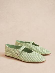 Rosivie Zapatos Mary Jane tejidos franceses, punta redonda con suela plana, estilo retro para uso diario y desplazamientos, zapatos de mujer con vampo bajo - Verde claro - Ver 8