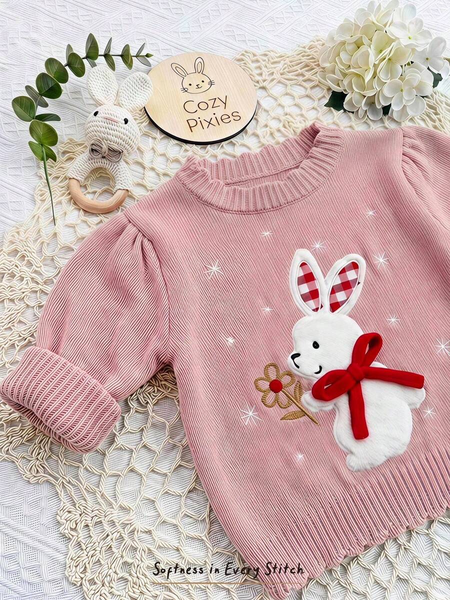 Cozy Pixies كنزة صوفية للبنات الرضع بنمط أرنب كرتوني أحمر مع فيونكة ثلاثية الأبعاد، ياقة طاقم وأكمام طويلة وأكتاف منسدلة، متعددة الاستخدامات ومريحة - وردي - مشاهدة 1