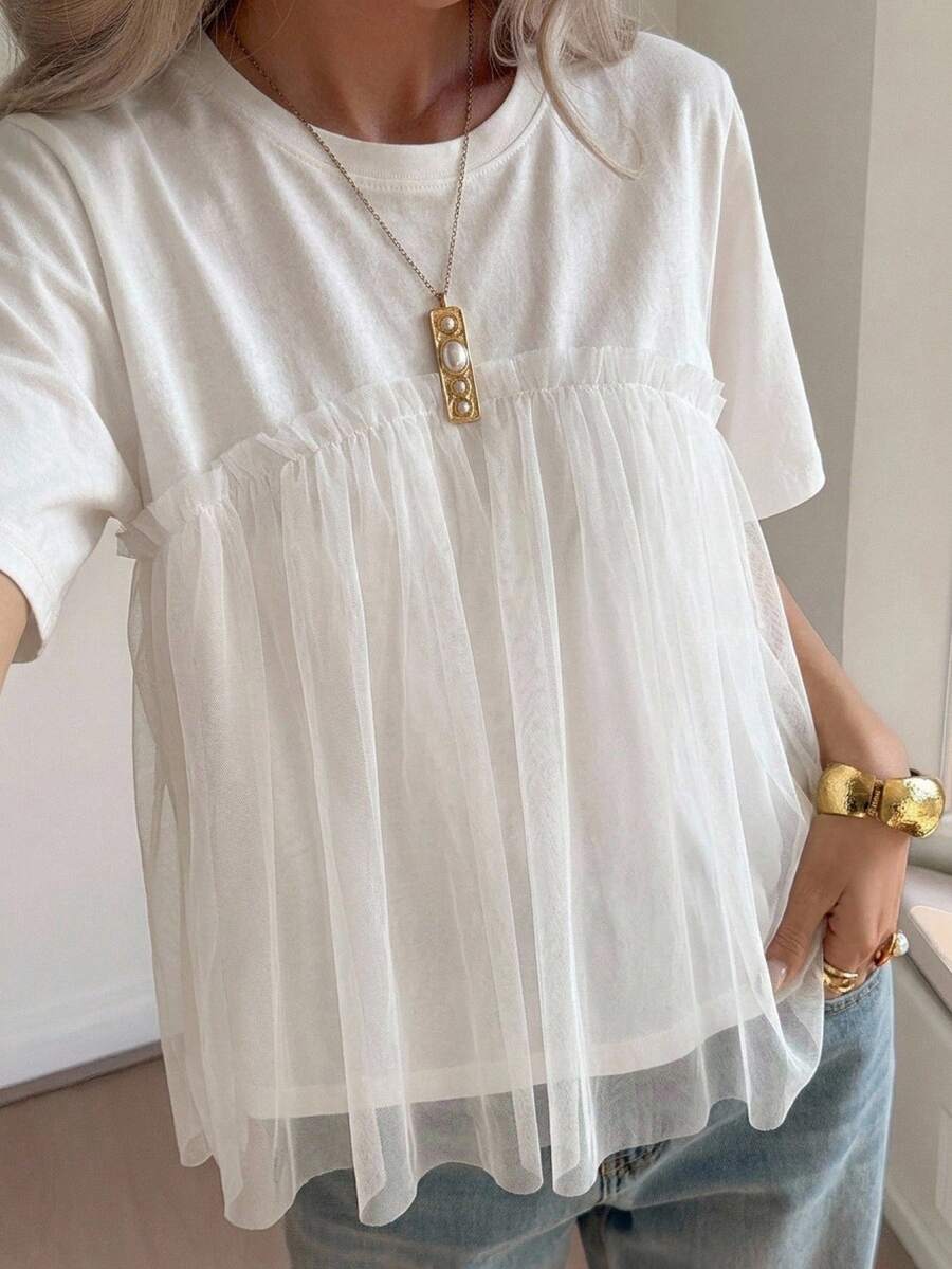 FRIFUL Women's Round Neck Loose 2 In 1 Mesh Patchwork Wide Hem Loose Solid Color T-Shirt - White - View 1
