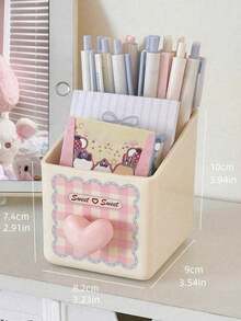 1PC Desktop Stationery Storage Box Dual Layer Design Large Capacity Pen Holder Makeup Brush Organizer Heart Pattern Pink White Sturdy Plastic For Students Teachers Office Back To School Christmas Birthday Gift For Friends Home Desk Accessories - Multicolor - View 7