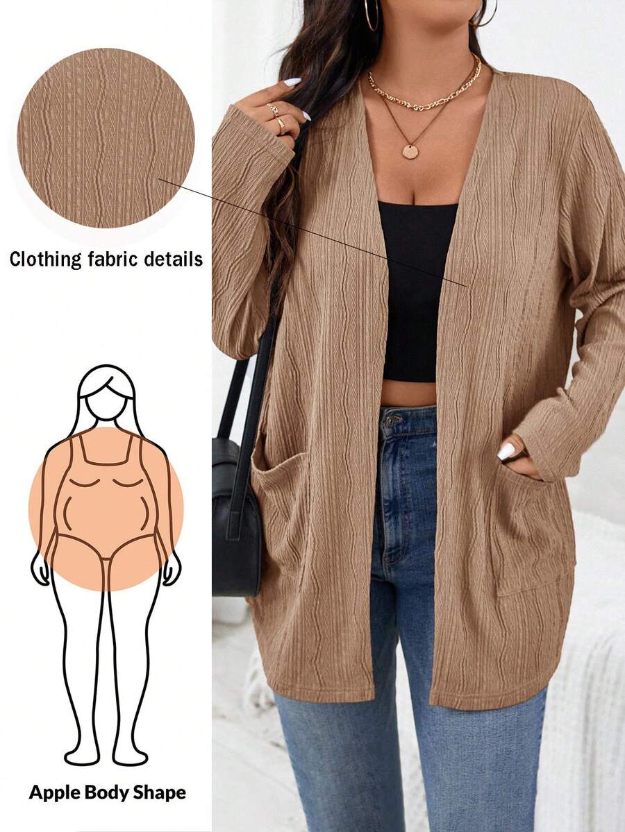 SHEIN Essnce Cardigan de manga larga de talla grande, color liso, con bolsillos, casual y versátil para uso diario - Caqui - Ver 1
