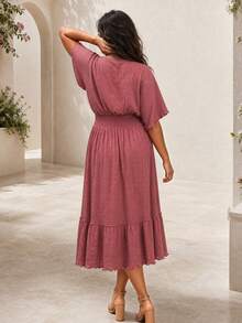 ELLERISSA Curve Plus Size Women's Dusty Rose Boho Summer Maxi Dress,Elegant V Neck Shirred Waist Kimono Sleeve Flowy Ruffle Hem Holiday Vacation - Redwood - View 2