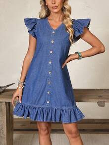 EMERY ROSE Vestido de mezclilla versátil y de moda con cuello en V, botones y bajo con volantes - Azul - Ver 6