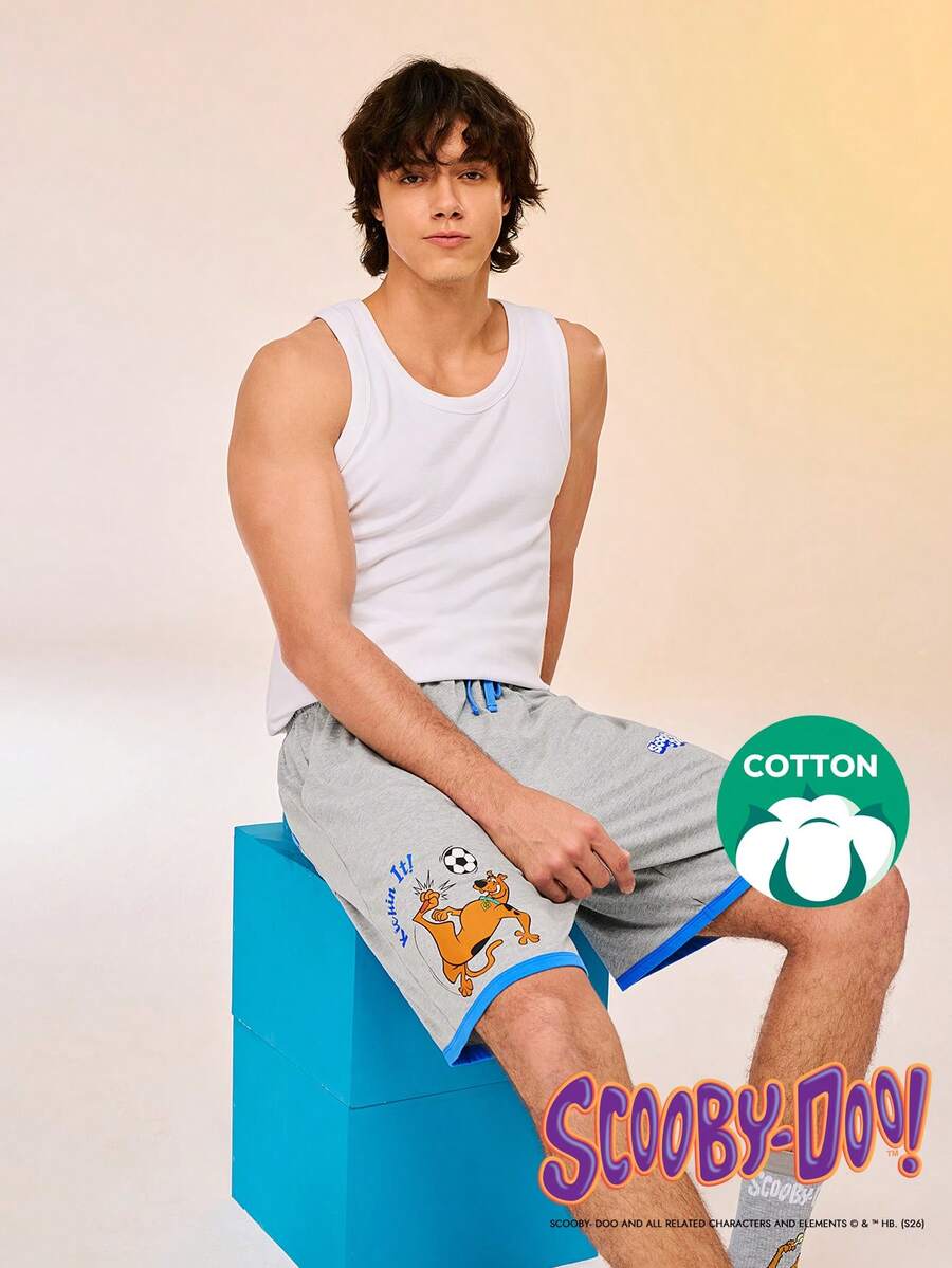 LUVLETTE Scooby-Doo Plus Size Men's Soft Cotton Lounge Shorts Gray Color Block Sleep Shorts With Blue Trim Comfy Summer Pajamas Graphic - Grey - View 1