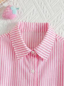 SHEIN Young Girl LMoss 女童寬鬆條紋領口休閒襯衫 - 粉色 - 查看 3