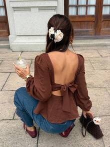 Serisse Women's Elegant Coffee Brown Linen Boat Neck Backless Bow Decor Ruffle Hem Long Sleeves Blouse,Vacation Date Night Fashionable Top,Four Seasons Fall - Brown - View 6