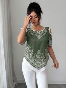 SHEIN Elenzya 優雅波西米亞風白色夏季度假女款短袖上衣，不對稱下擺露肩印花上衣，休閒精品度假上衣 - 橄欖綠 - 查看 4