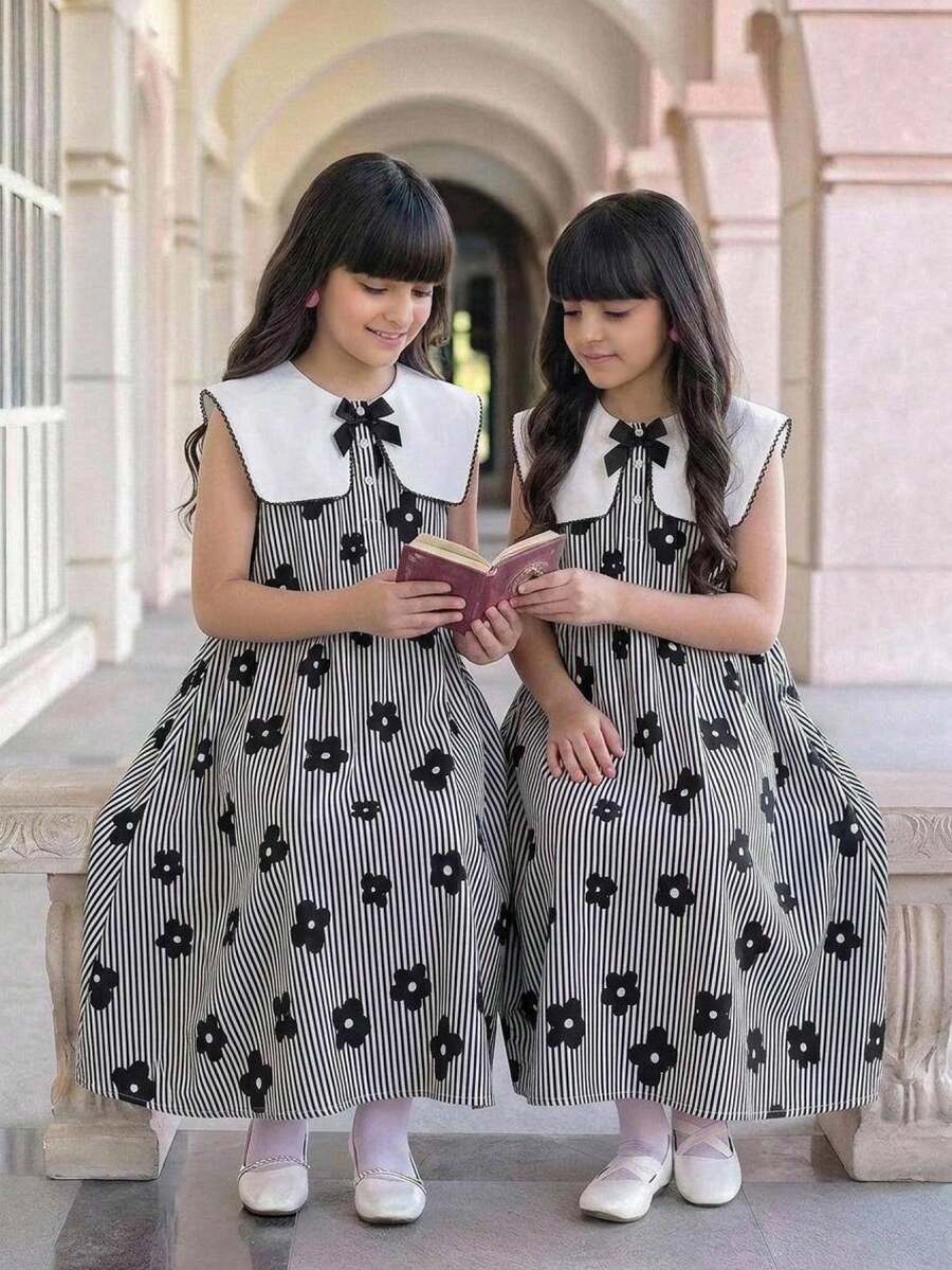 SHEIN Tween女孩大領對比色花卉條紋A字裙對比蝴蝶結返校黑白洋裝 - 黑色 - 查看 1