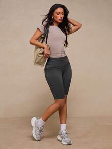 Glamine Women's Summer Casual Sports Pleated Design Fitted Athletic Leggings - Dark Grey - View 6