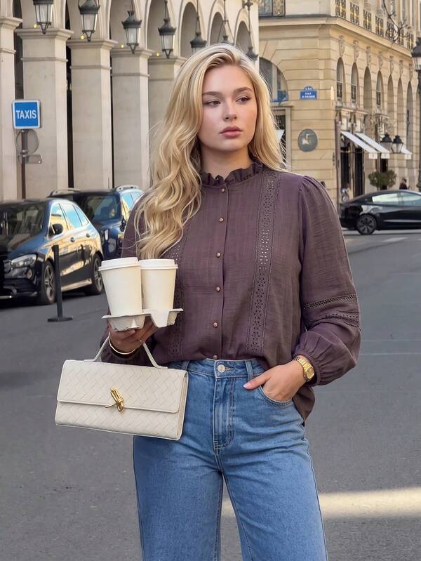 Dripcurv Plus Size Fashion Lace Patchwork Button Shirt For Vacation And Travel