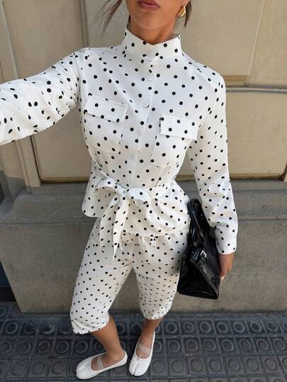Siren Gaze Conjunto de chaqueta para mujer con lunares, camisa larga con cinturón, conjunto de pantalones 3/4 para mujer, moda callejera para mujer, camisa larga con lunares