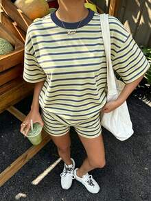 Veykashi 大尺碼女款休閒寬鬆寬腿度假套裝，美式復古條紋穿搭，女款街頭風套裝 - 彩色 - 查看 3
