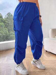 Flirla Celana Kargo Kasual Ukuran Besar Warna Polos dengan Lipatan di Bagian Bawah untuk Musim Gugur - Royal Blue - View 3