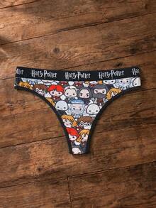 HARRY POTTER X SHEIN Celana Dalam Thong Kasual Wanita dengan Pita Huruf di Pinggang - Hitam - View 1