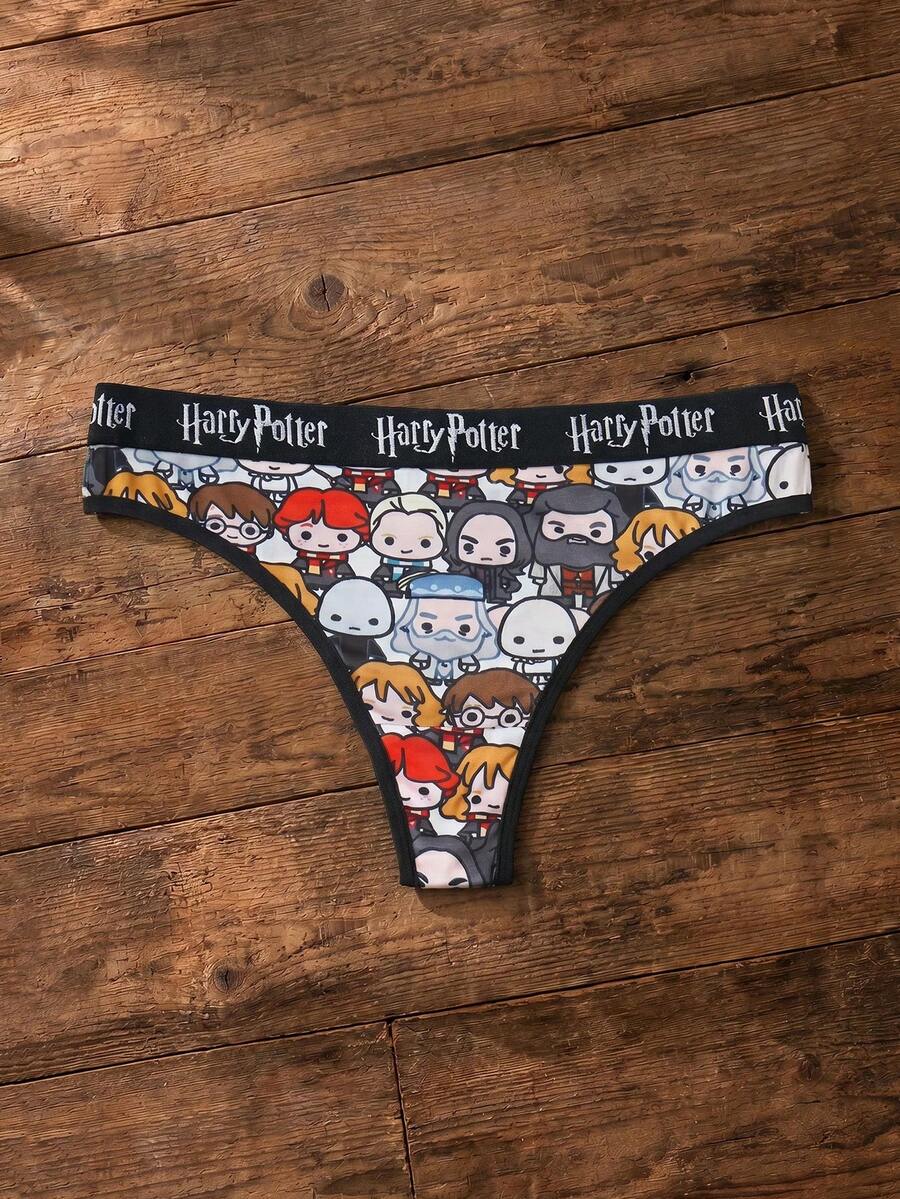 HARRY POTTER X SHEIN Celana Dalam Thong Kasual Wanita dengan Pita Huruf di Pinggang - Hitam - View 1