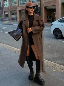 Dazy Tall Mantel Kasual Wanita Model Longgar Lurus dengan Kerah Panjang untuk Musim Gugur - Coklat - View 6