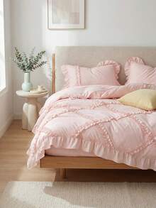 3pcs Korean Style Ruffled Bedding Set, White & Pink Duvet Cover Queen Size - Super Soft Duvet Cover Series - Lightweight, Breathable Bedding (Queen, White) - Baby Pink - View 3
