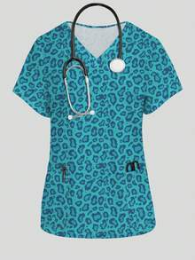 PopScrub Leopard Print Pattern Women's Nurse Scrub Top, Spring/Summer Fashion V-Neck Short Sleeve Double Pocket Design Side Slit Workwear, Women's Cute Scrub Top, Scrub Top - Multicolor - View 1