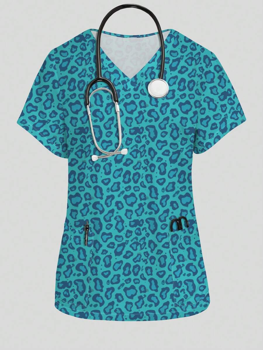 PopScrub Leopard Print Pattern Women's Nurse Scrub Top, Spring/Summer Fashion V-Neck Short Sleeve Double Pocket Design Side Slit Workwear, Women's Cute Scrub Top, Scrub Top - Multicolor - View 1