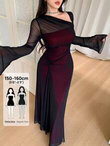 Feyla Petite Women's Elegant Colorblock Mesh Patchwork Asymmetric Collar Dress - Black - View 1