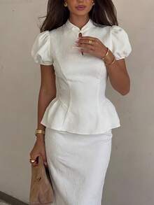 Siren Gaze Women's Jacquard Frog Button Design Short Puff Sleeve Elegant French Blouse Wedding Dinner Date Date Night Party White Summer - Apricot - View 4