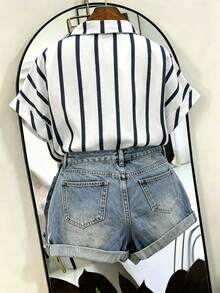 SHEIN Women's Elegant Casual Blue And White Stripe Lapel Collar Rolled Short Sleeve Loose Button Down Blouse, Summer Tops, Party Brunch Top, Beach, Office - White - View 5