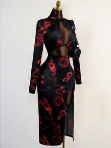 Mistrie Sexy Women's Hollow Front Stand Collar Button Faux Cheongsam High Slit Maxi Dress - Red and Black - View 3