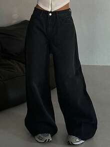 DAZY Celana Jeans Wanita Polos dengan Kancing Depan dan Saku, Model Kasual untuk Sehari-hari, Gaya Y2k - Hitam - View 3