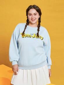 TOM & JERRY X SHEIN Plus Cartoon & Letter Graphic Drop Shoulder Sweatshirt - Blue - View 7