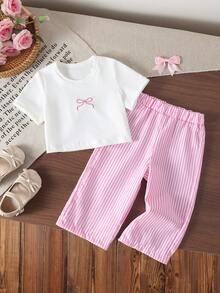 SHEIN 2件組女嬰幼兒/新生兒0-3歲可愛休閒居家/外出條紋蝴蝶結3D蝴蝶結T恤上衣+條紋長褲套裝，莫蘭迪藍嬰兒服飾，春/夏 - 粉色 - 查看 8