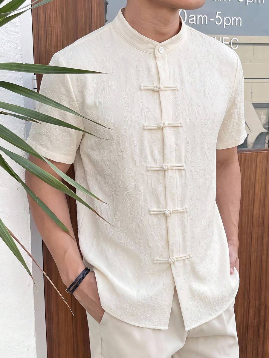 HIMLAND Men's Fashion Frog Button Jacquard Short Sleeve Design Shirt - White - View 1