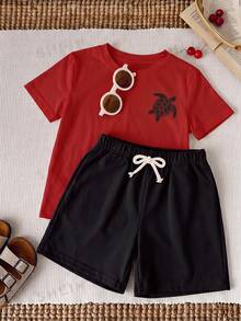 Ensemble d'été décontracté minimaliste pour jeune garçon, t-shirt blanc col rond à manches courtes avec imprimé dos oversize motif tortue de mer dessin animé style vacances, palette de couleurs bleu océan, bord de mer, motif lettres, short bleu, convient pour l'été - Multicolore - Voir 2