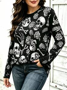 EMERY ROSE Halloween & Day Of The Dead Collection: Black And White Skeleton Patterned Rose Petal Print Long-Sle Fall - Multicolor - View 3