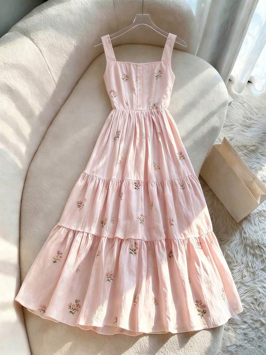 SHEIN Franclia 碎花洋裝 春夏清新甜美 收腰層次裙 - 粉色 - 查看 1