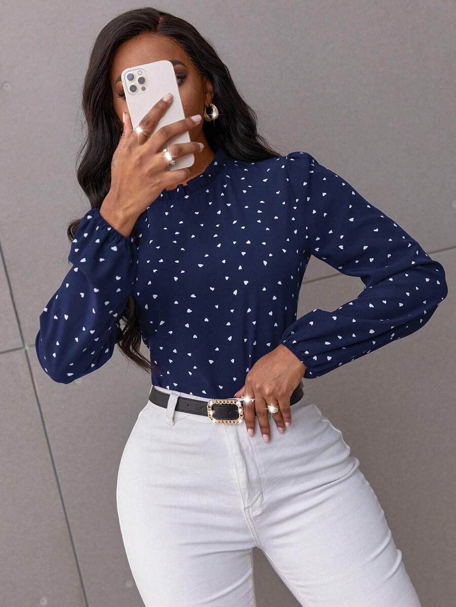 SHEIN Clasi Confetti Heart Print Bishop Sleeve Frilled Neck Blouse Fall Cloth For Women - Navy Blue - View 1