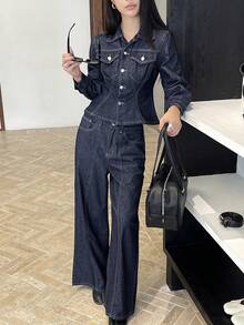 DAZY Women's Waist-Cinching Long Sleeve Denim Jacket And Loose Long Pants Casual Streetwear Denim Set Autumn Everyday Navy Blue - Dark Wash - View 1